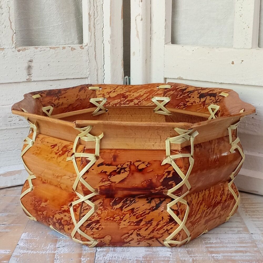 MCM Vintage Tortoise Bamboo Bowl Basket Octagon Burnt Woven Boho Centerpiece 50s